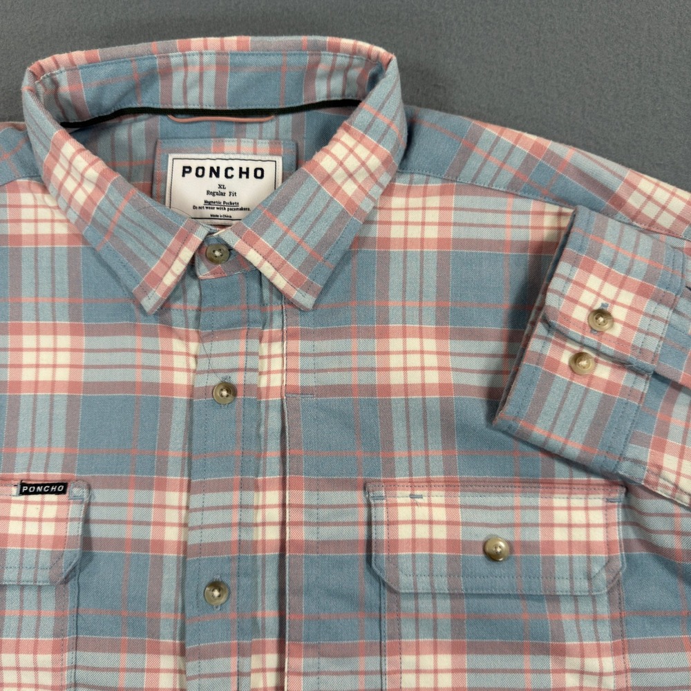 Poncho Outdoors Mens XL Regular Fit Plaid Magnetic Button Down Shirt Blue Pink